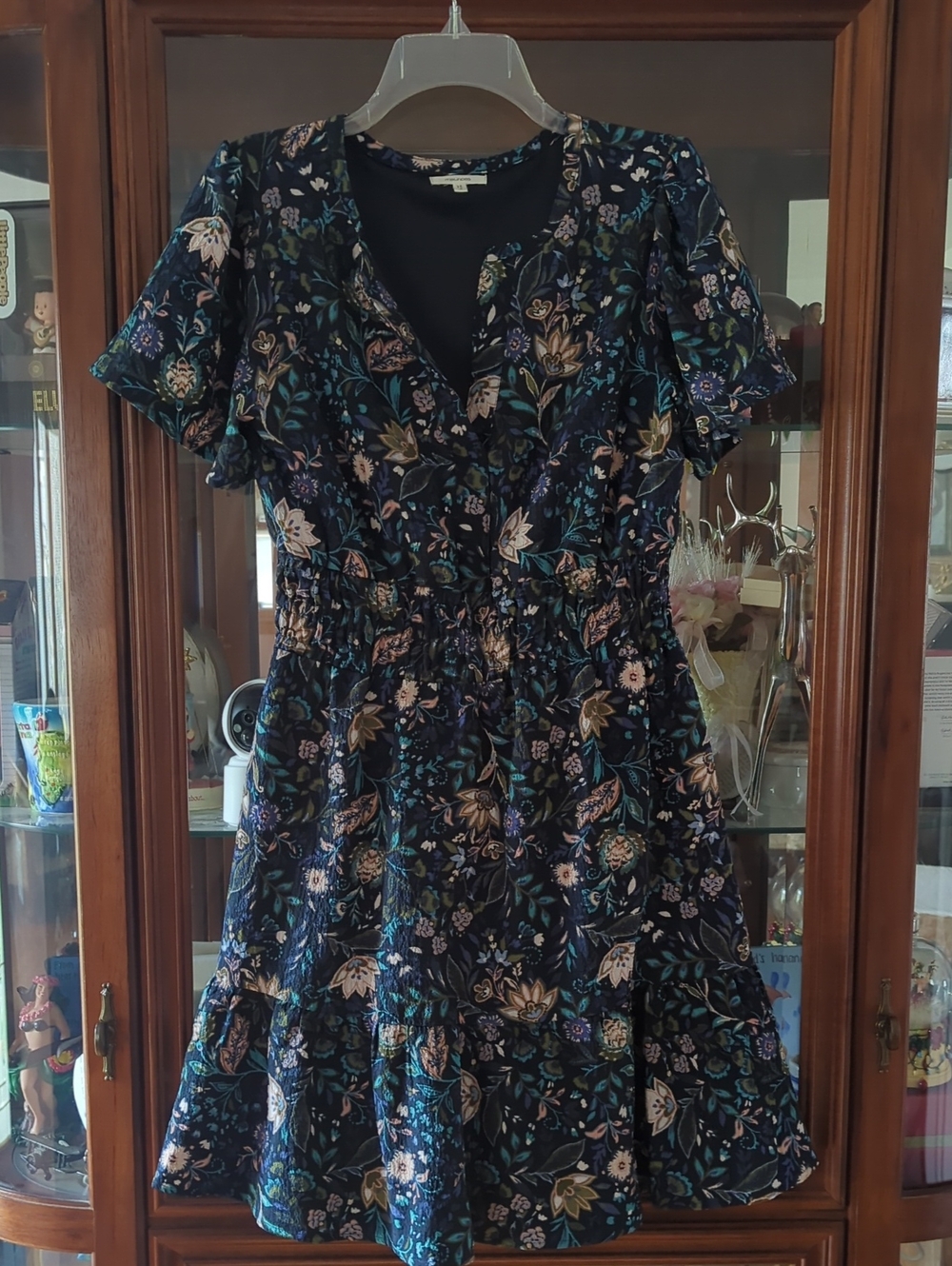 Maurices Navy Floral Tiered V-Neck Dress with Teal & Cream Accents